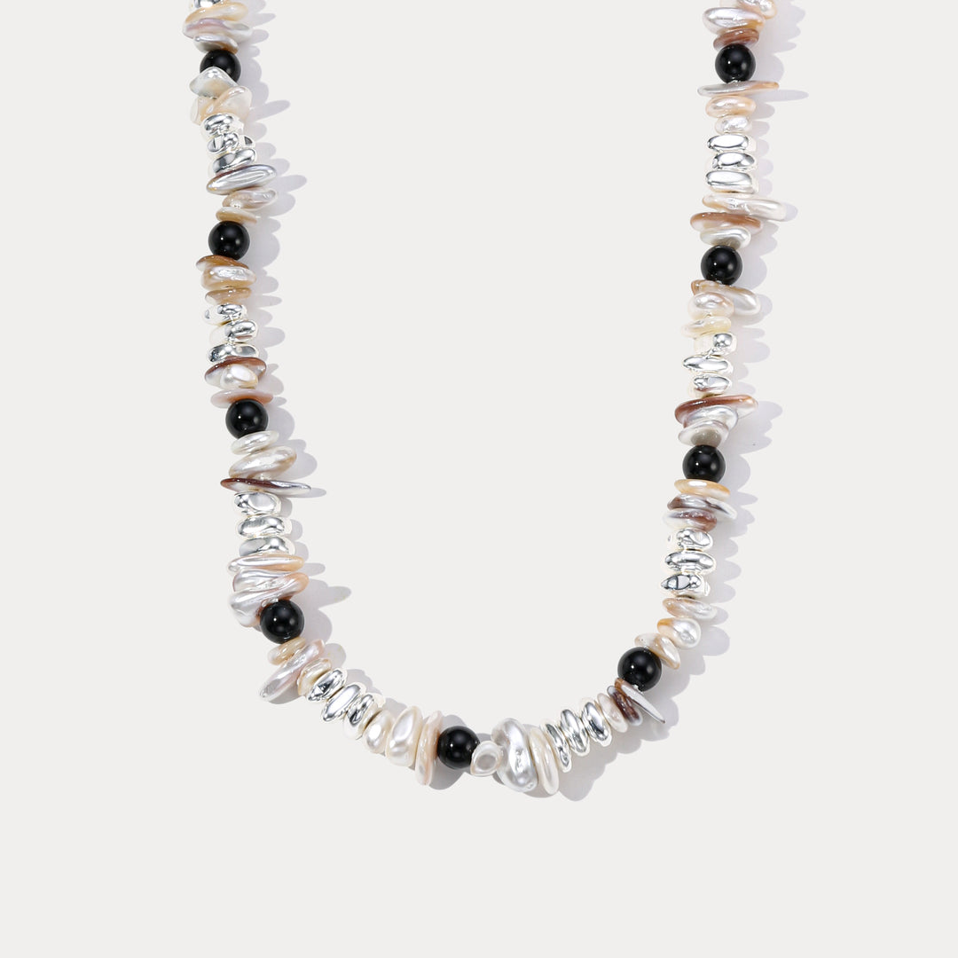 Selenichast Black and White Pearl Silver Necklace
