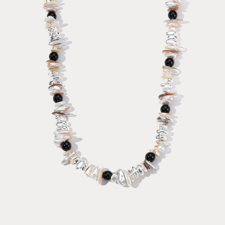 Selenichast Black and White Pearl Silver Necklace