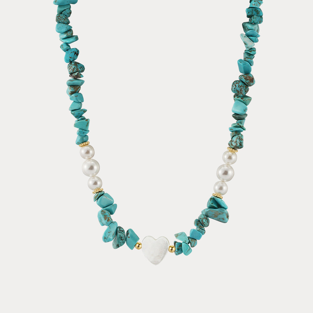 Selenichast Turquoise Pearl Heart Charm Necklace