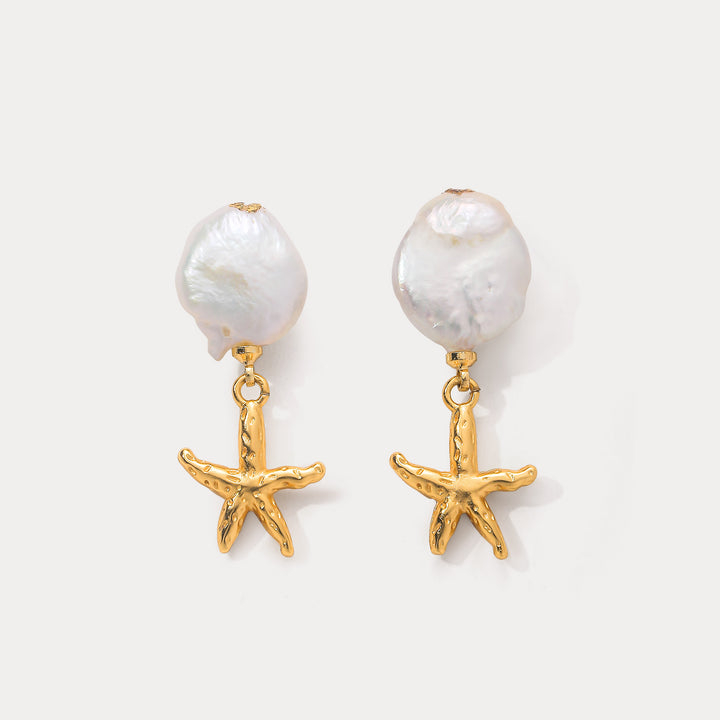Selenichast Gold Starfish Pearl Earrings