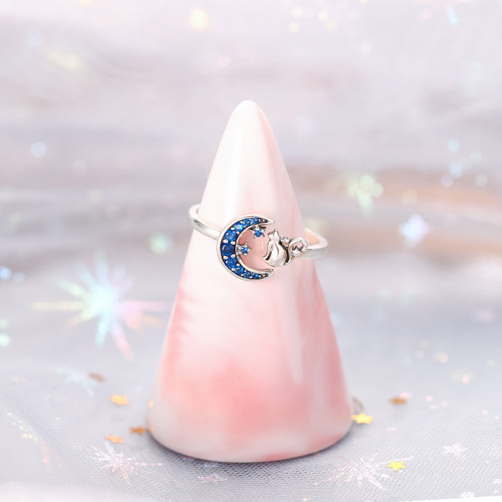Silver Diamond Moon Cat Ring