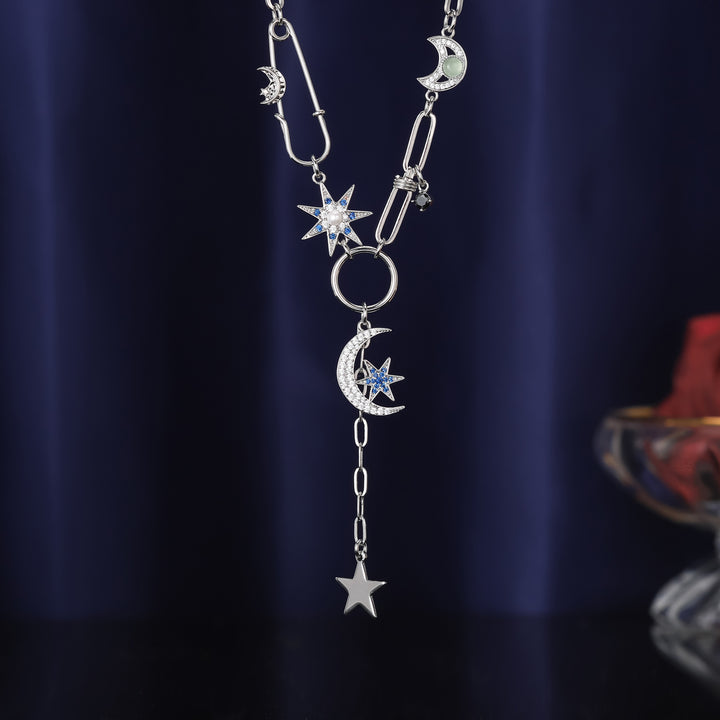 Guardian of the Stars and Moon Silver Diamond Necklace