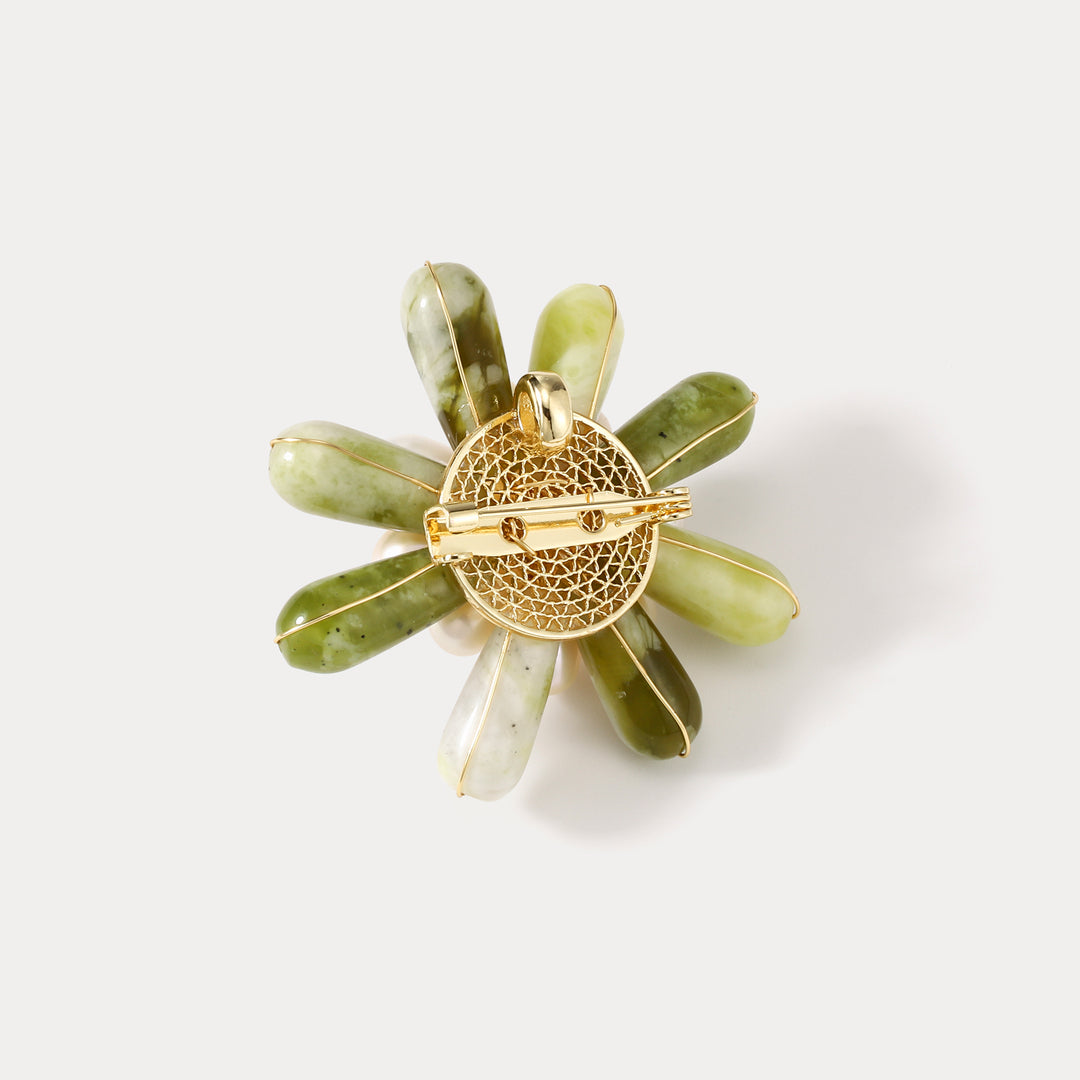 Emerald Pearl Flower Gold Brooch