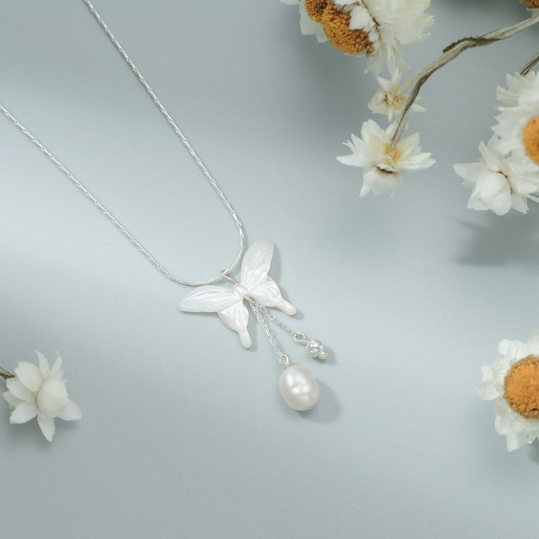 Butterfly Pearl Tassel MInimalist Necklace