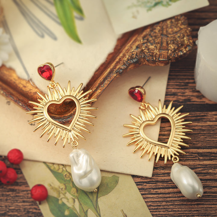 Brilliant Rays Heart Pearl Earrings