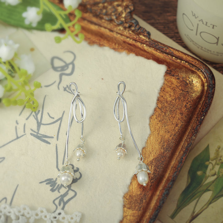 Silver Lily Of The Valley Bow Pearl Flower Earrings
