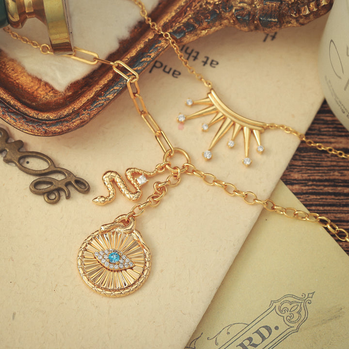 Evil Eye Crown Gold Snake Layered Necklace