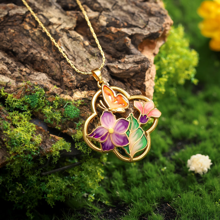 Vintage Garden Flower Butterfly Necklace