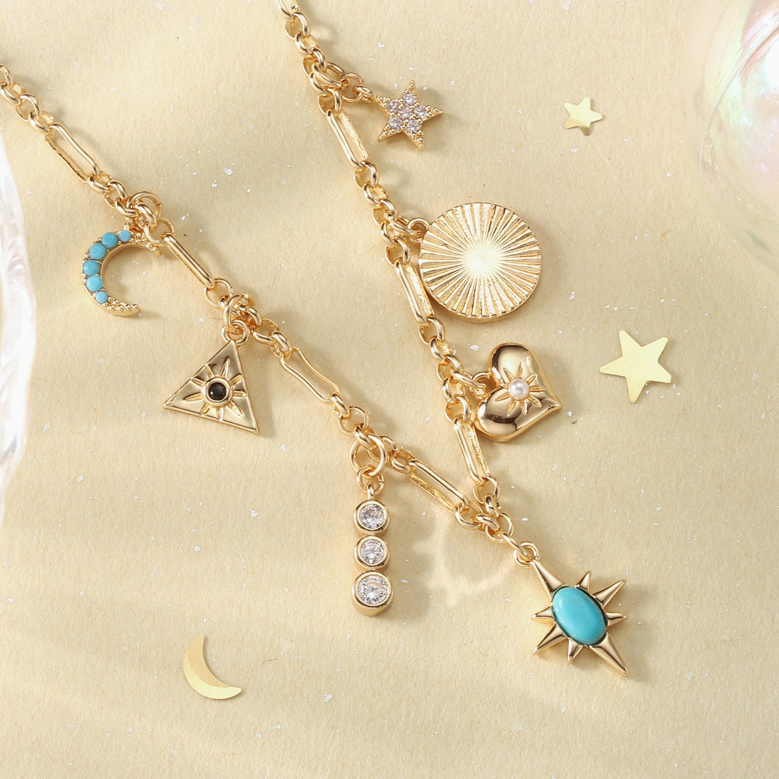 Turquoise Moon Star Gold Heart Necklace