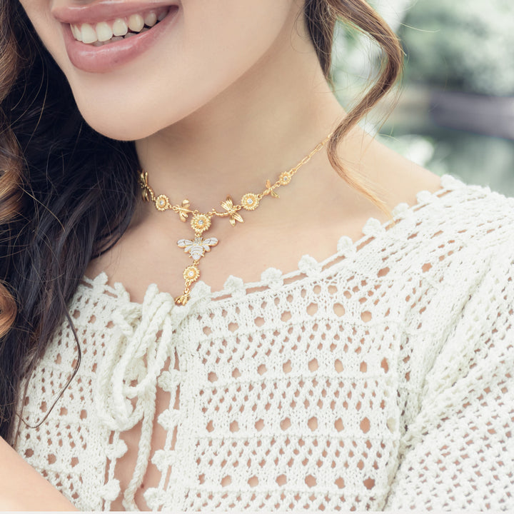 Bee & Dragonfly Diamond Gold Necklace