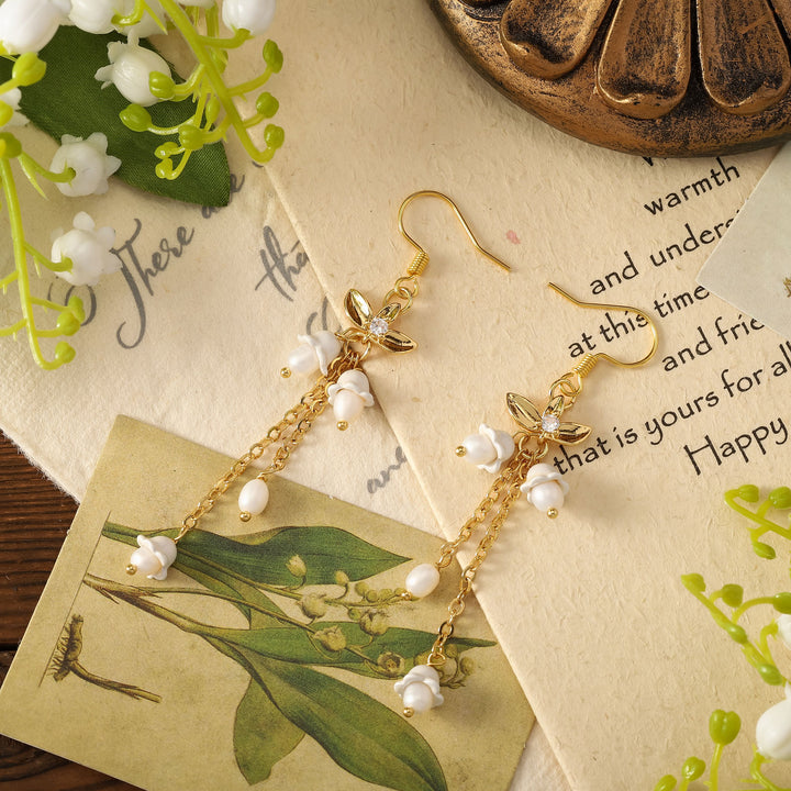 Golden Lily of The Valley Enamel Earrings