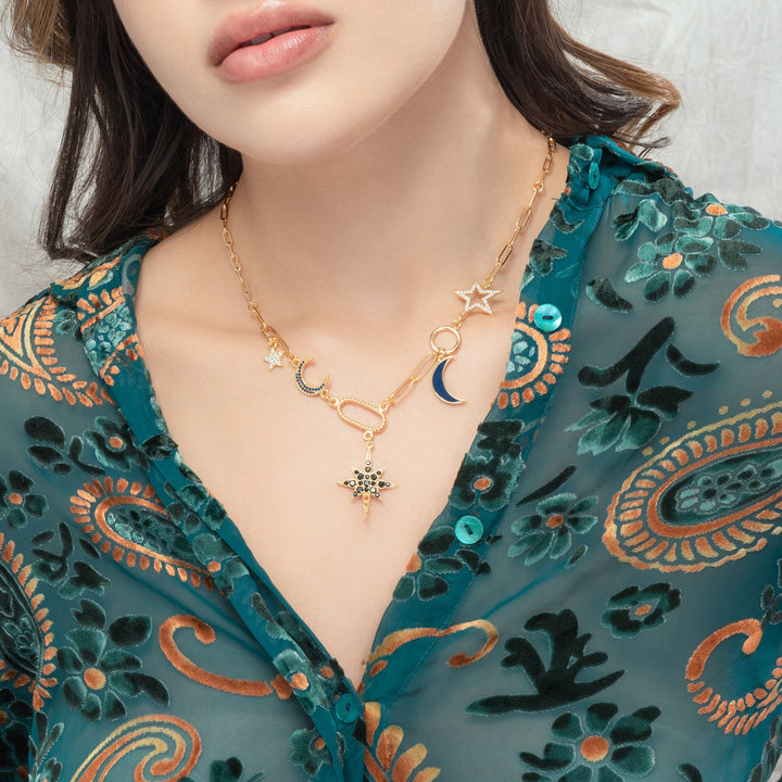 Moon Star Diamond Astrology Necklace