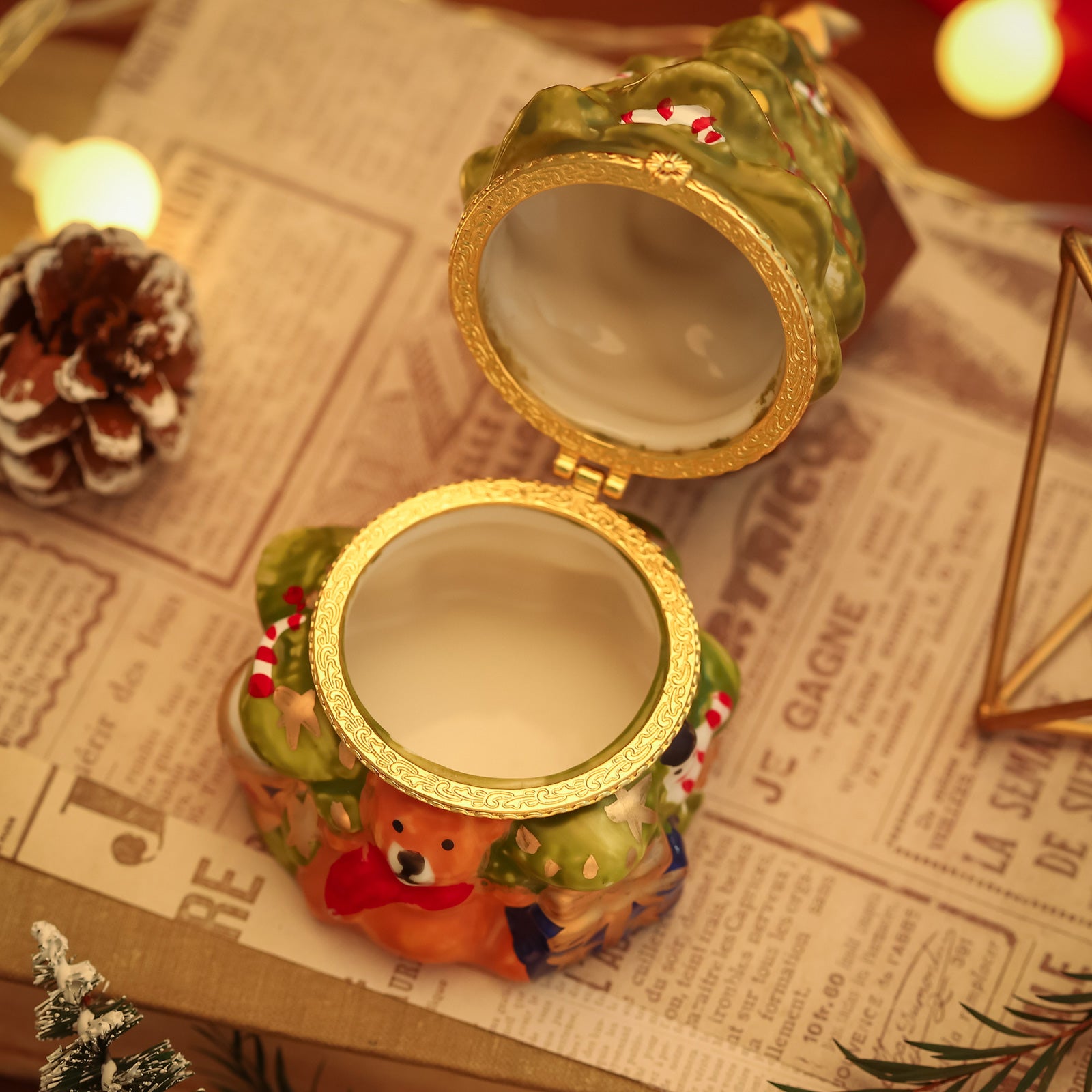Fuzzy Bear Christmas Tree Trinket Box