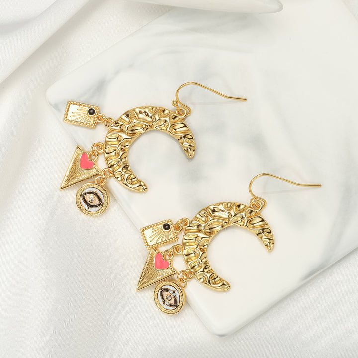 Evil Eye Crescent Tassel Earrings