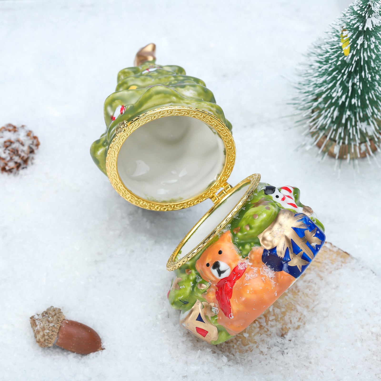 Fuzzy Bear Christmas Tree Porcelain Jewelry Box