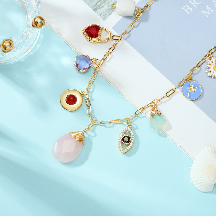 Evil Eye Heart Daisy Pink Stone Necklace