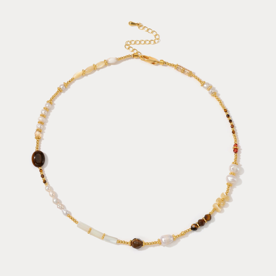 Selenichast Tigers Eye Pearl Seed Beaded Necklace
