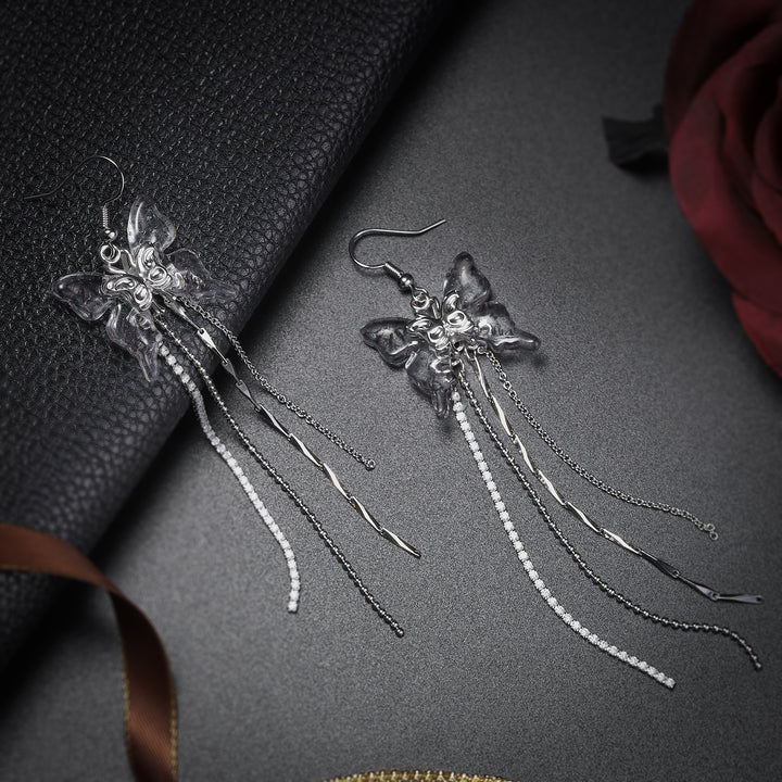 Twilight Black Butterfly Tassel Earrings