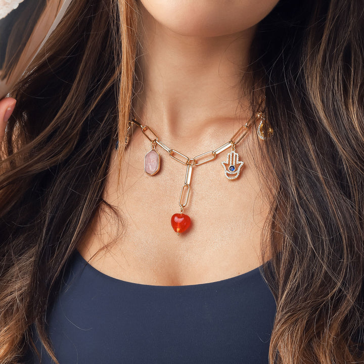 Heart Hamsa Hand Gemstone Necklace