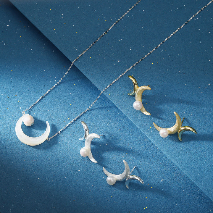 Silver Double Moon Pearl Jewelry Set
