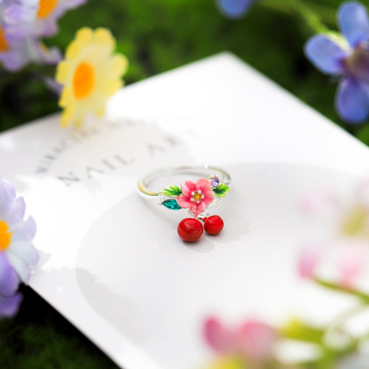 Silver Cherry and Flower Ring