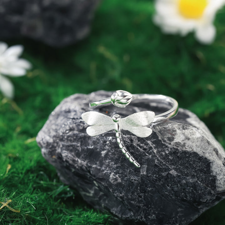 Silver Dragonfly&Lotus Bud Ring
