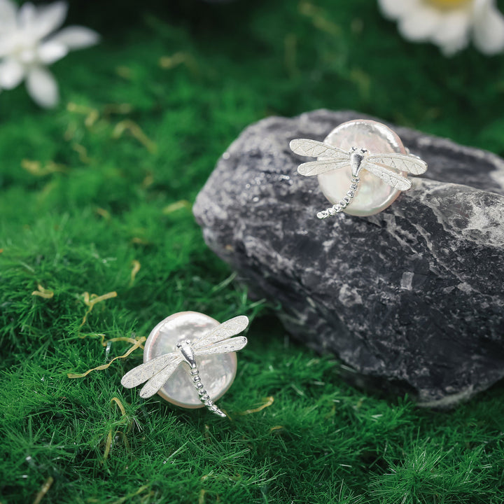 Silver Dragonfly Pearl Stud Earrings