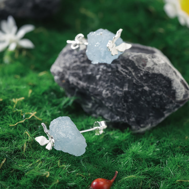 Aquamarine Butterfly Gemstone Stud Earrings