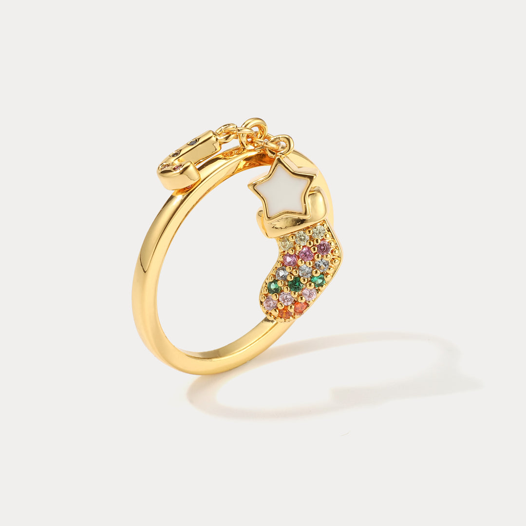Christmas Sock & Candy Cane Gold Ring