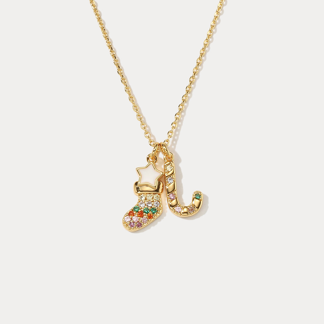 Christmas Sock & Candy Cane Gold Chain Necklace