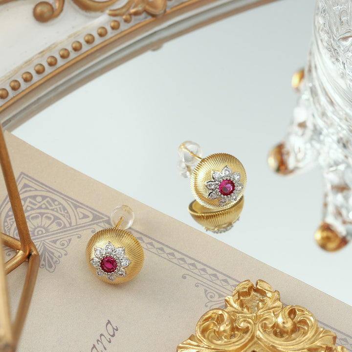 Ruby Flower Stud Gold Earrings