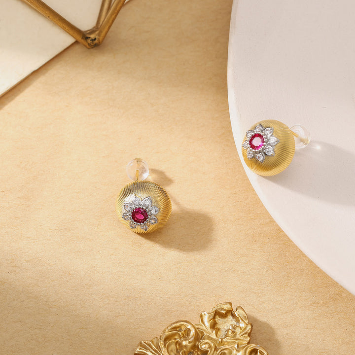 Ruby Flower Stud Diamond Earrings