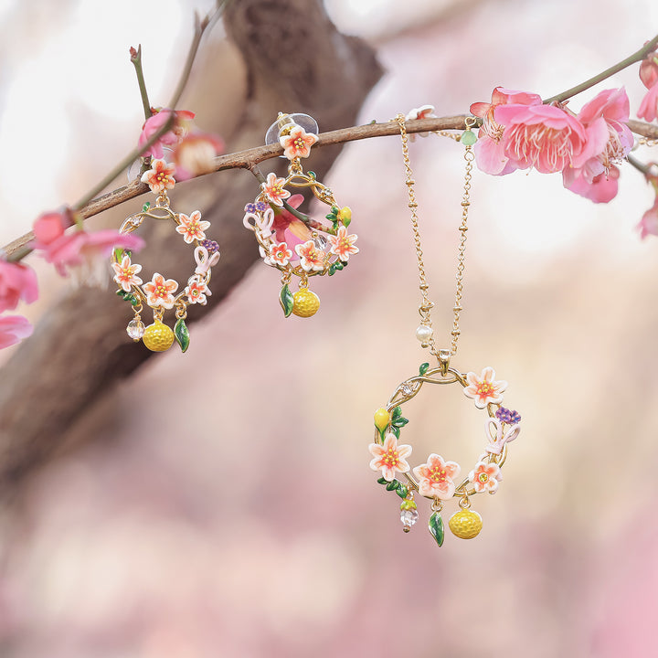 Enamel Orange Spring Hoop Earrings and Necklace
