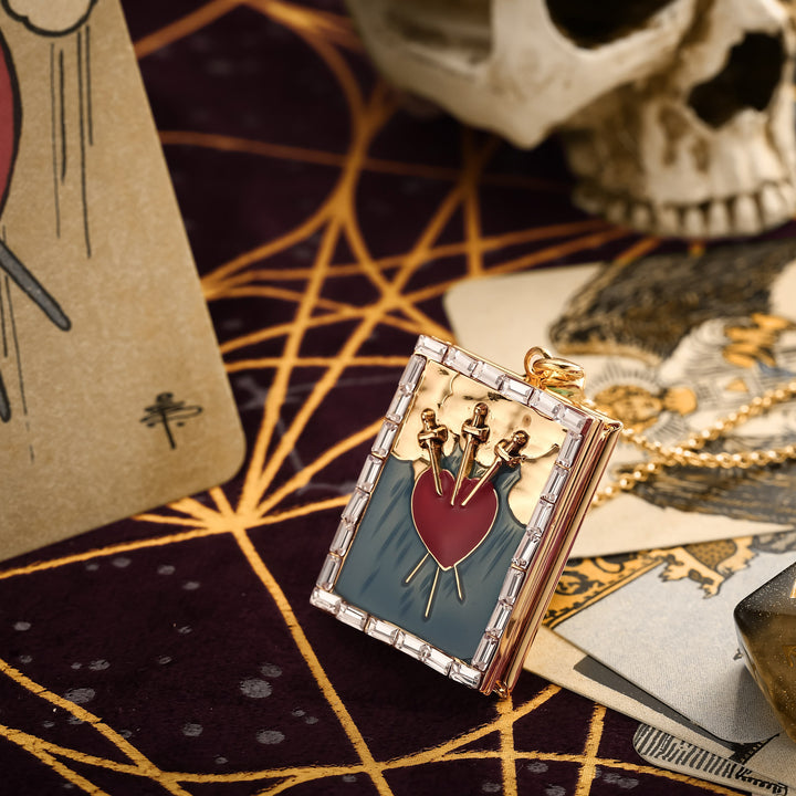 Three of Swords Tarot Magic Locket Gold Necklace