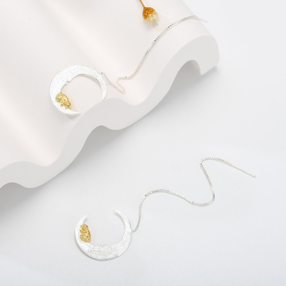 Sweet Dream Little Puppy & Moon Silver Earrings