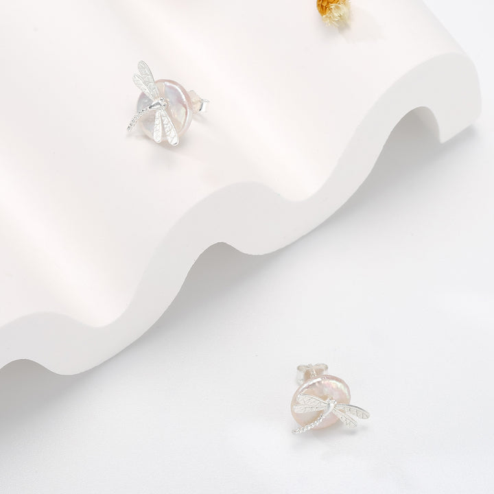 Dragonfly Baroque Pearl Stud Earrings
