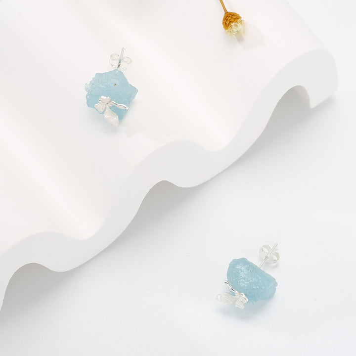 Aquamarine Butterfly Silver Stud Earrings