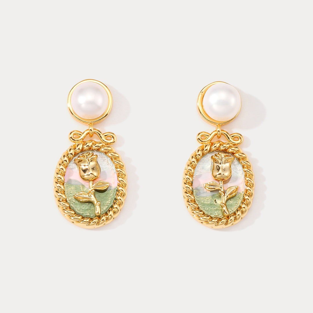 Selenichast Wild Rose Oil Painting Earrings