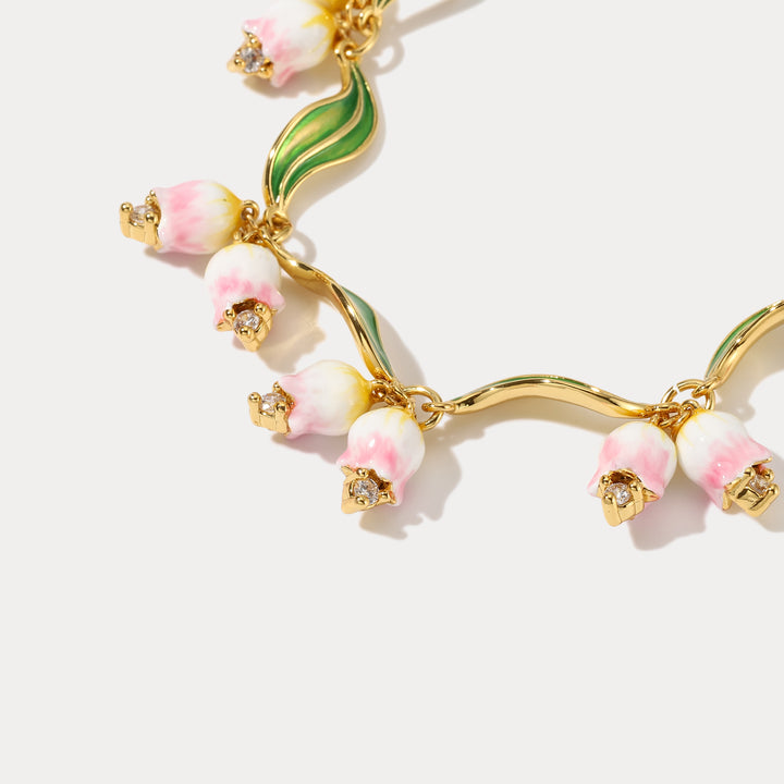 Lily Of The Valley Flower Enamel Diamond Bracelet