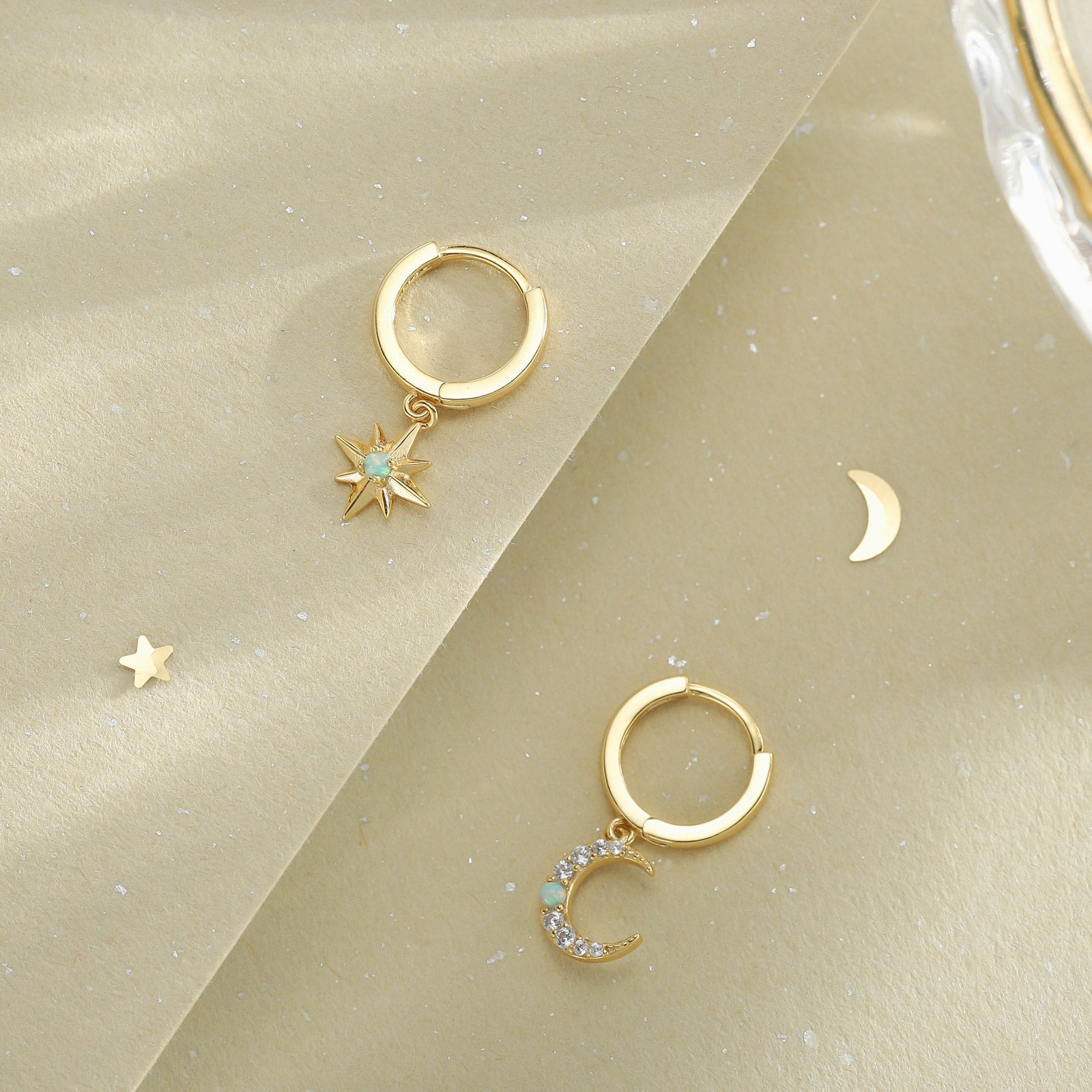 Opal Moon Star Gold Earrings