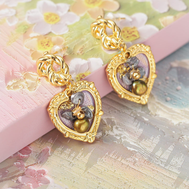 Boucles d'oreilles peintes à l'huile de coeur lavande