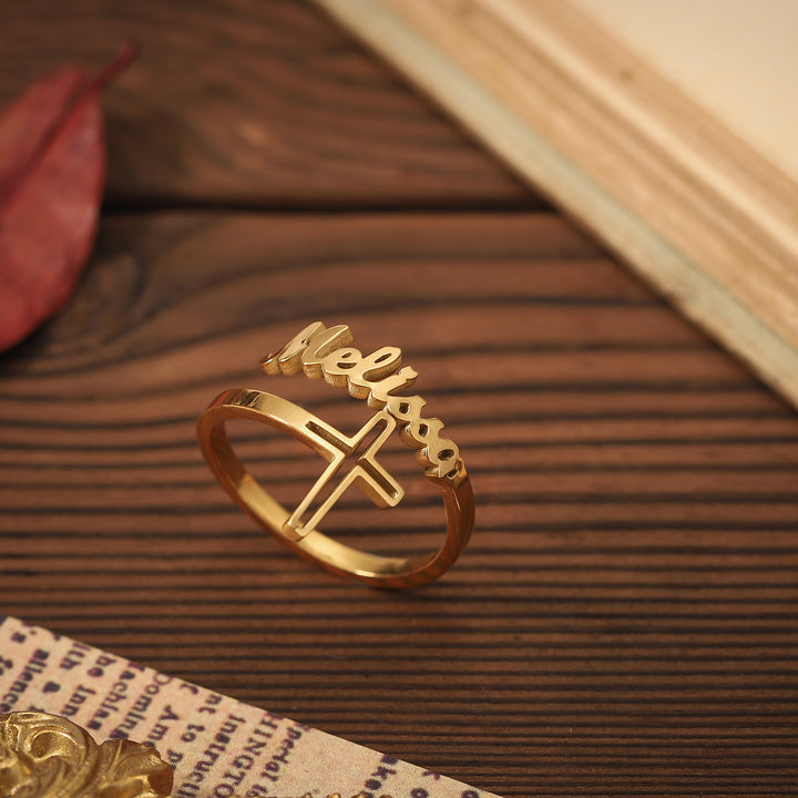 Custom Name Cross Gold Ring