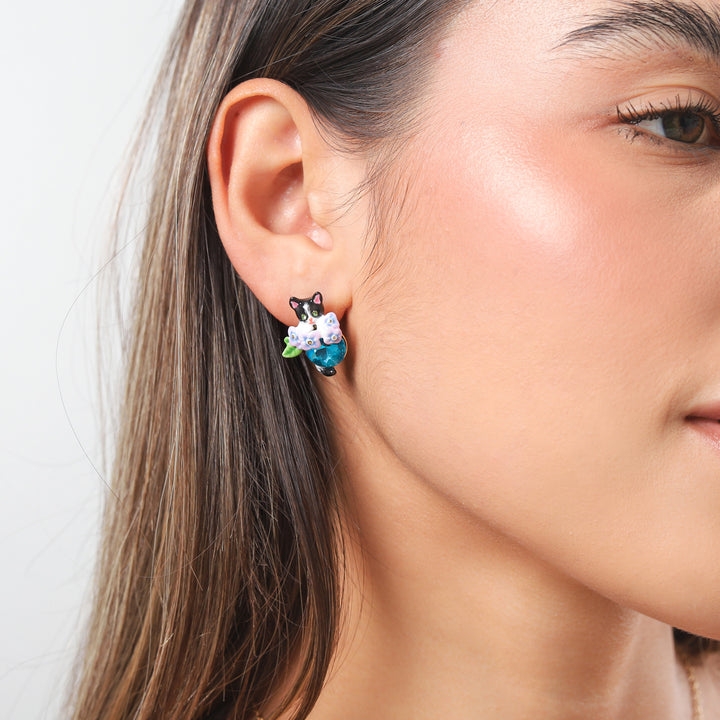 Blue Cat Flower Gold Earrings