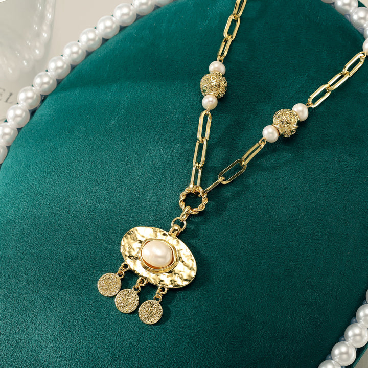 Evil Eye Pearl Chain Brass Necklace