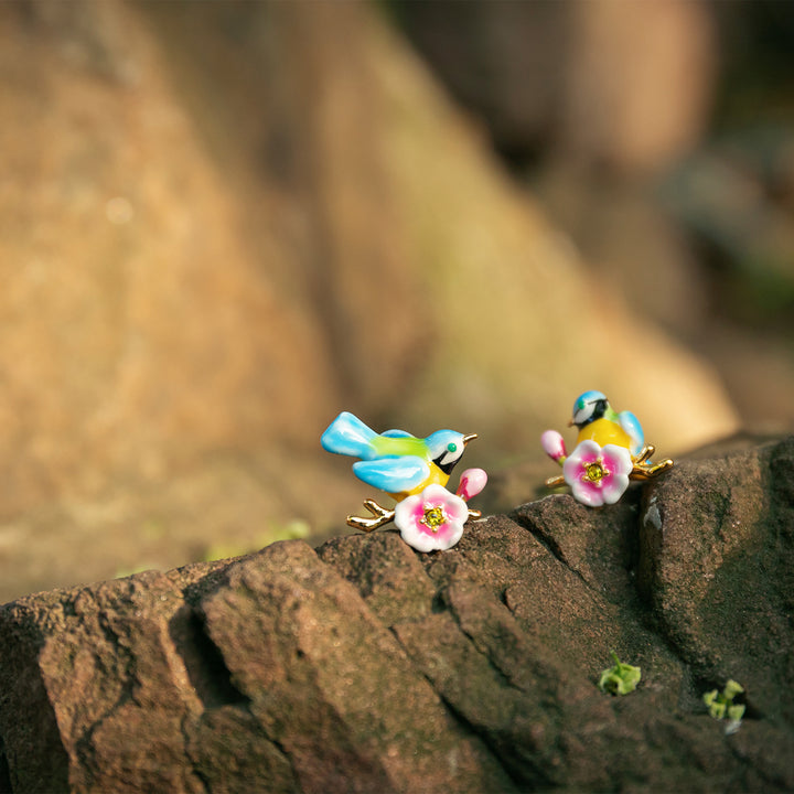 Blue Tit Flower Stud Earrings