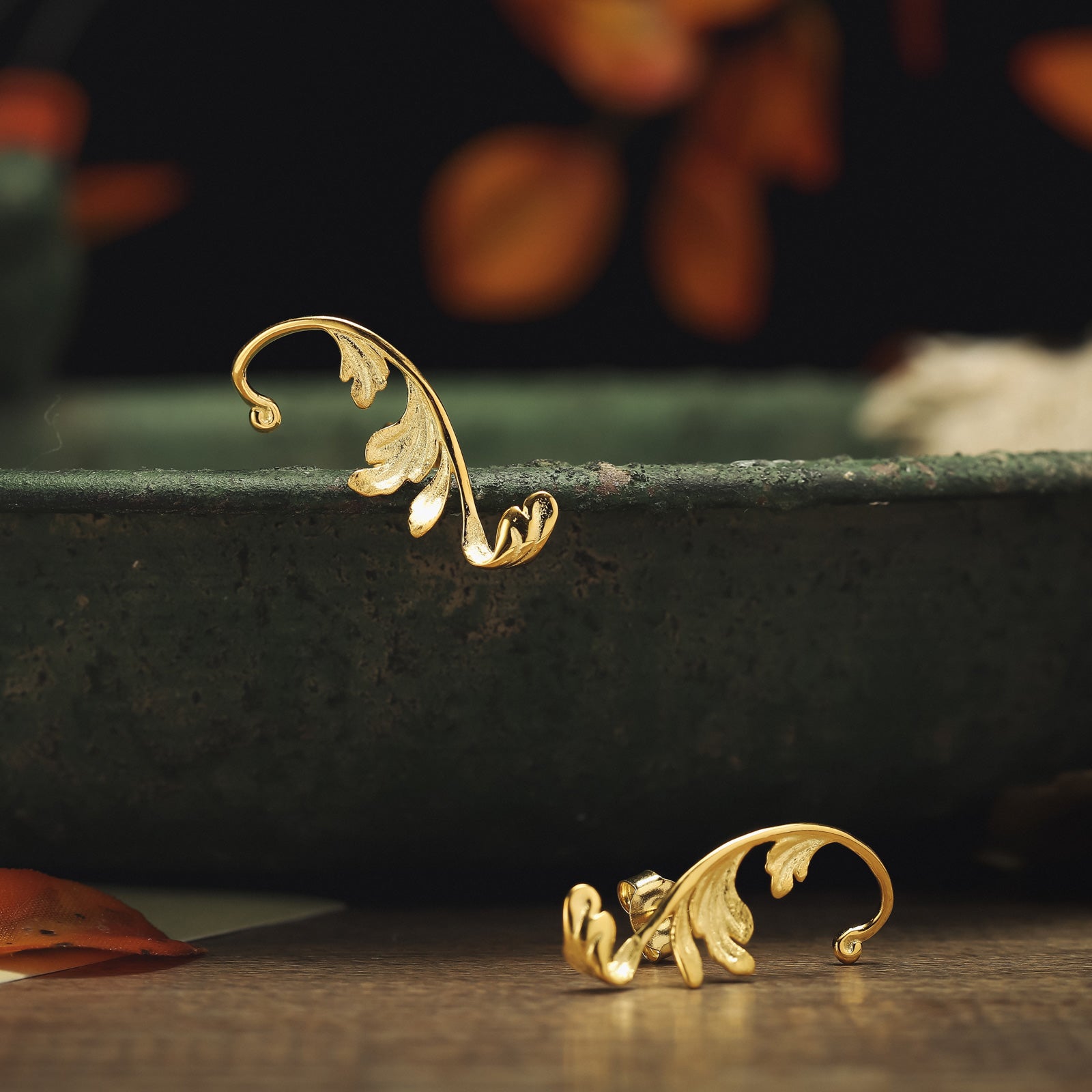 Carved Acanthus Leaf 18k Gold on Silver Earrings
