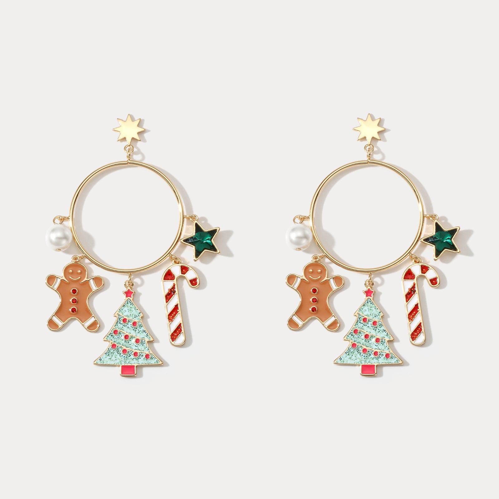 Selenichast Christmas Tree Gingerbread Man Hoop Earrings