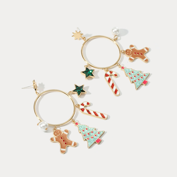 Christmas Tree Gingerbread Man Pearl Hoop Earrings