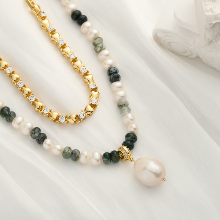 Turquoise Pearl Layered Diamond Necklace