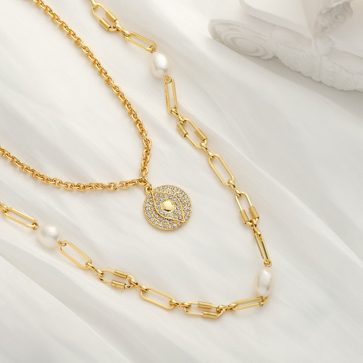Evil Eye Pearl Layered Chain Necklace